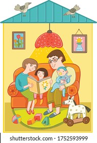 family mom, dad and two children in a cozy house reading a book together
