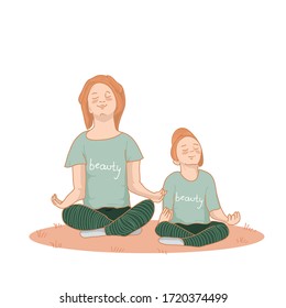 Family, mom and daughter in lotus position, relaxation. The concept of personal hygiene. Various beauty items. Hand drawn vector.