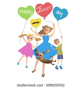 Family mom, daughter and son with dog cheerfully congratulate dad on father's day, take off on colored balloons