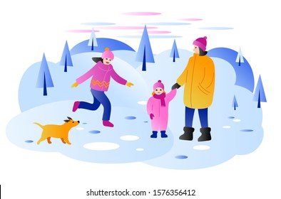 
Family mom and daughter walking in winter clothes in the woods. A teenage girl walks her dog in a winter forest. Trees, snow, drifts. Vector graphics. Woman with siblings, children in hats and jacket