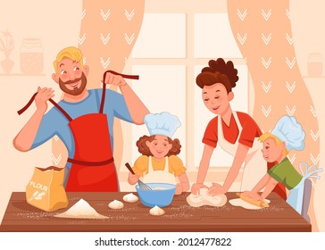 Family, mom, father, daughter and son cook pastries together on a large table. Vector flat illustration in cartoon style for kids