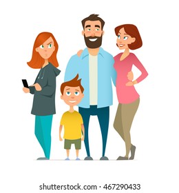 family, mom, father, son, sister with gadget, cartoon style, characters, vector illustration