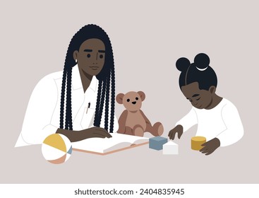 Family moment, a parent reading a book aloud while the child enjoys playing with building blocks