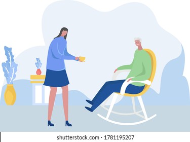 Family moment vector concept: woman giving a cup of tea to her old father