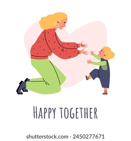 Family moments captured in a vector illustration in a flat style: a daughter taking the first steps to her mother. Symbols of love decorate this playful scene