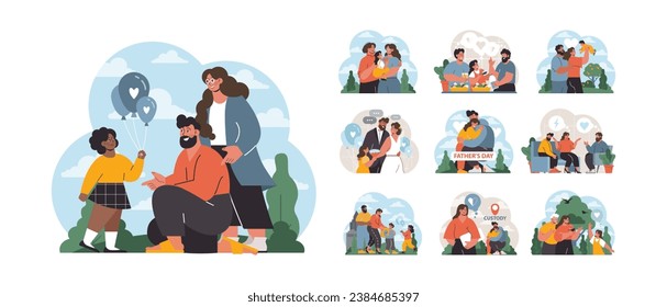 Family Moments set. Cherished instances of families bonding: picnics, birthdays, Father's Day celebrations, and parental custody moments. Heartwarming emotions shine through. Flat vector illustration.