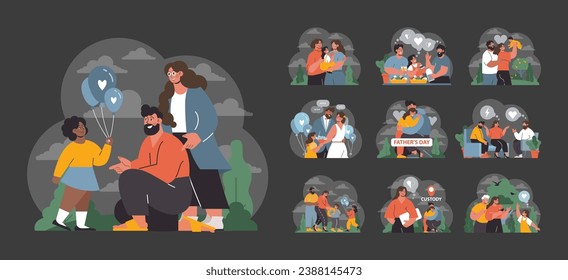 Family Moments set. Cherished instances of families bonding: picnics, birthdays, Father's Day celebrations, and parental custody moments. Heartwarming emotions shine through. Flat vector illustration.