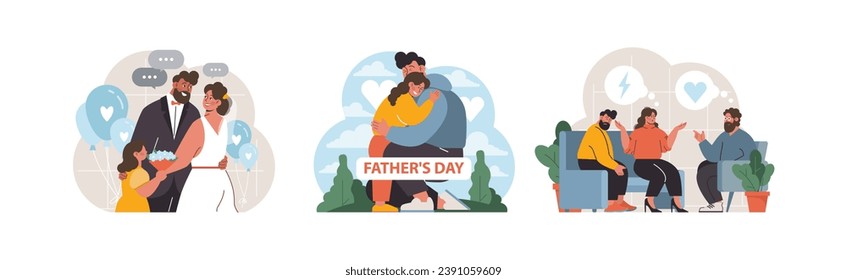 Momentos familiares. Un novio con su hijastra en una boda, un abrazo reconfortante en el Día del Padre y una pareja discutiendo temas en terapia familiar. Navegando por las relaciones. Vector plano.