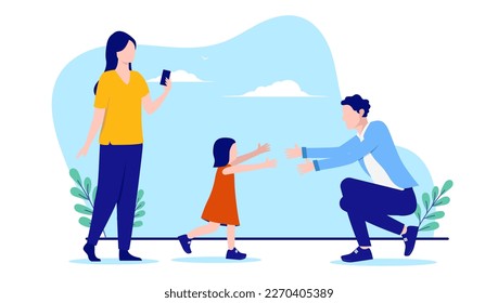 Family moments - Two parents, mom and dad playing outside with child and taking pictures with mobile phone. Creating memories concept, flat design vector illustration on white background