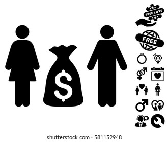 Family Money Deposit pictograph with bonus romantic icon set. Vector illustration style is flat iconic black symbols on white background.
