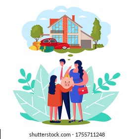 Family money saving, vector illustration. Mother woman and man father make financial income for daughter future home. Finance budget, saving coins plan in piggy bank. Parents economic deposit.