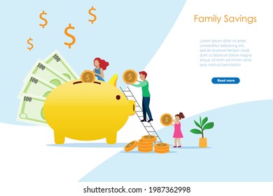 Family Money Savings Concept. Mother, Father And Kid Saving Gold Coin In Piggy Bank, Budget Planing For Family.