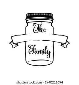 Family monogram frame with jar and decorations. Elegant calligraphic emblem. Silhouette line art label design. Stock vector.