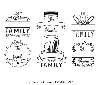 Family monogram frames set with decorations, hearts, Easter bunny ears. Elegant calligraphic emblems. Silhouette line art labels design. Stock vector.