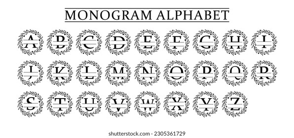 Family Monogram Letter A-Z, Set of Split Alphabet for Monogram. Monogram Alphabet. Vector Illustration for Wedding Invitation. Set of Initials with Decorative Plant Frame and Text Space 