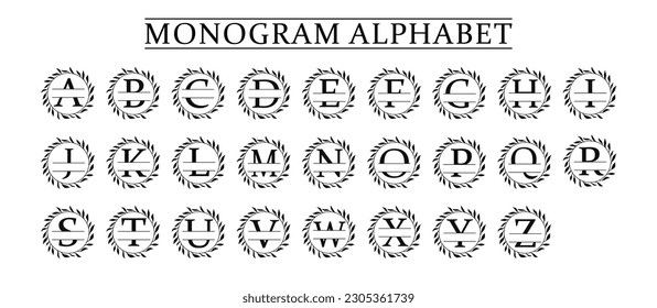 Family Monogram Letter A-Z, Set of Split Alphabet for Monogram. Monogram Alphabet. Vector Illustration for Wedding Invitation. Set of Initials with Decorative Plant Frame and Text Space 