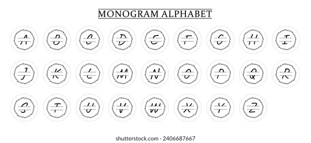 Family Monogram Letter A-Z, Set of Split Alphabet for Monogram. Monogram Alphabet. Vector Illustration for Wedding Invitation. Set of Initials with Decorative Plant Frame and Text Space 