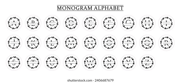 Family Monogram Letter A-Z, Set of Split Alphabet for Monogram. Monogram Alphabet. Vector Illustration for Wedding Invitation. Set of Initials with Decorative Plant Frame and Text Space 
