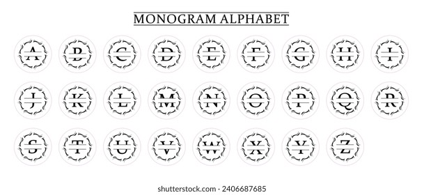 Family Monogram Letter A-Z, Set of Split Alphabet for Monogram. Monogram Alphabet. Vector Illustration for Wedding Invitation. Set of Initials with Decorative Plant Frame and Text Space 
