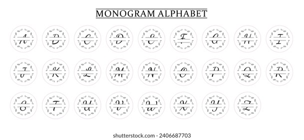 Family Monogram Letter A-Z, Set of Split Alphabet for Monogram. Monogram Alphabet. Vector Illustration for Wedding Invitation. Set of Initials with Decorative Plant Frame and Text Space 