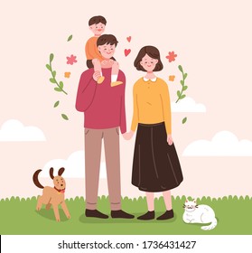 Family month concept illustration. Children and young couples and cats and dogs are enjoying outing in the field.