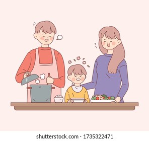 Family month concept illustration. The family is preparing a meal together.