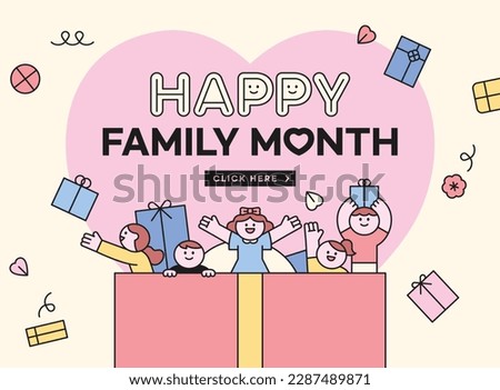Family month event. Children and presents pop out of a large gift box. banner template.