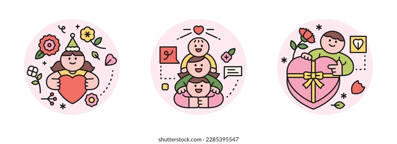 family month. People who appreciate their parents and love their children. A character holding a heart and wearing a cone hat. her daddy mommy baby stacked cute Heart gift box.