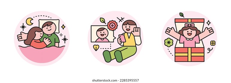 family month. People who appreciate their parents and love their children. Couple sleeping with arm pillows. A cute character making a video call on Parents' Day and giving a surprise gift.