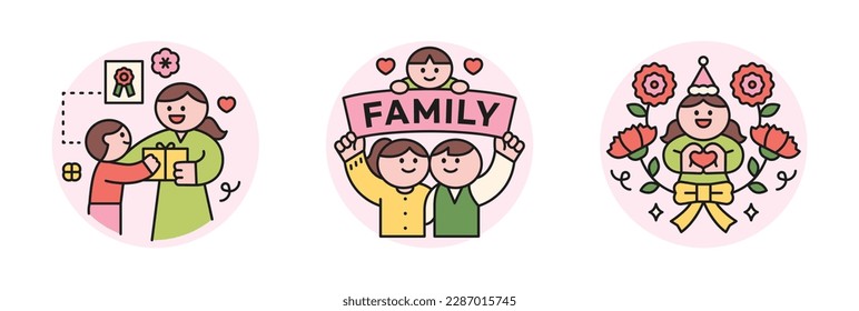 family month. People who appreciate their parents and love their children. Child giving gift to mom, parents holding family placard, carnation and congratulation icon.