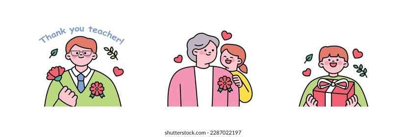 family month. People who appreciate their parents and love their children. Dad holding a carnation. Grandmother and granddaughter wearing carnation badges. A boy with a gift box.