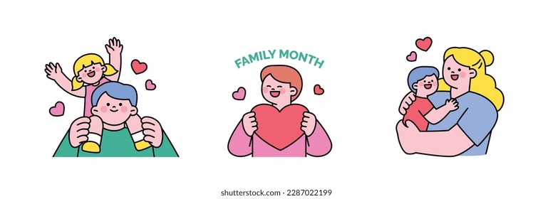 family month. People who appreciate their parents and love their children. Dad carrying his daughter on his shoulders. Person holding a heart. Mom embracing her son.