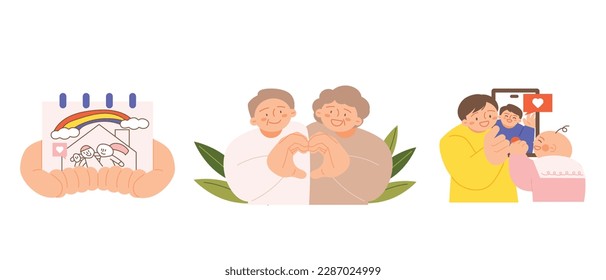 family month. People who appreciate their parents and love their children. A picture of a happy house, grandparents making a hand heart, and a family making a video call.