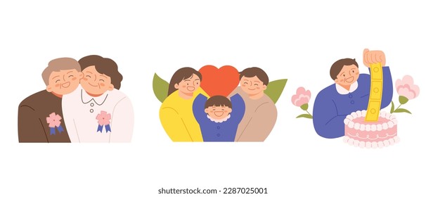 family month. People who appreciate their parents and love their children. Grandparents with carnation badges, happy family of three, event cake.