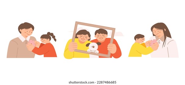 family month. People who appreciate their parents and love their children. Children putting carnation badges on mom and dad. A family in a photo frame.