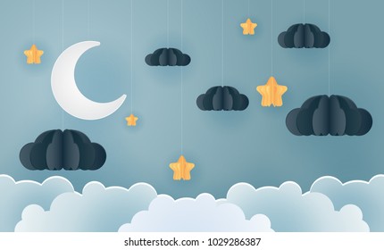 family in the moon and star with the night, vector paper art and craft style illustration.