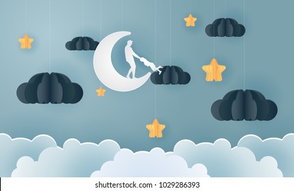 family in the moon and star with the night, vector paper art and craft style illustration.