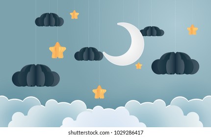 family in the moon and star with the night, vector paper art and craft style illustration.