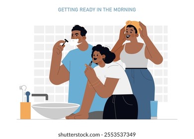 Family morning routine concept. Illustration depicts individuals engaging in daily personal care in a bathroom setting. Brushing teeth, skincare, grooming. Vector illustration.