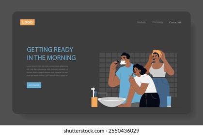 Family Morning Routine concept. A vector illustration of a family engaging in daily grooming activities in a bathroom setting. Vector illustration.