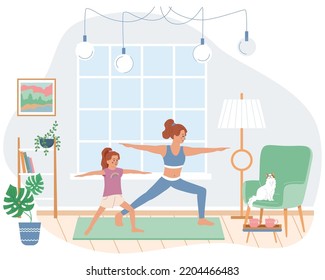 Family Morning Routine Flat Composition With Mom And Daughter Doing Fitness Indoors Vector Illustration