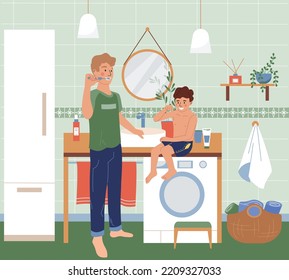 Family morning routine flat concept with father and son brushing teeth vector illustration