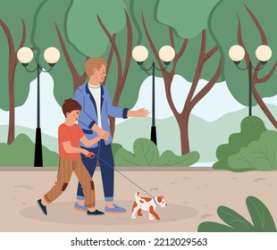 Family Morning Routine Flat Concept With Father And Son Walking Dog In Park Vector Illustration