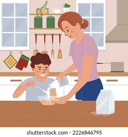 Family morning routine flat concept with mom and boy eating cereals vector illustration