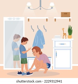 Family morning routine flat concept with mom helping boy to tie shoelaces vector illustration