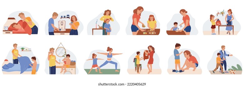 Family morning routine flat icons set with parents and kids preparing for work and school isolated vector illustration
