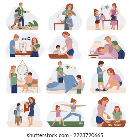 Family morning routine flat icons set with kids and adults preparing to work and school isolated vector illustration