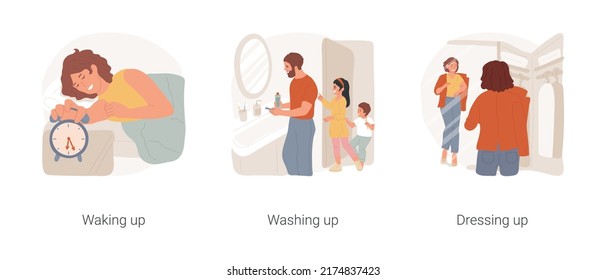 Family Morning Routine Isolated Cartoon Vector Illustration Set. Waking Up In The Morning, Family Daily Routine, Washing Up In Bathroom Together, Dressing Up, Get Ready For The Day Vector Cartoon.