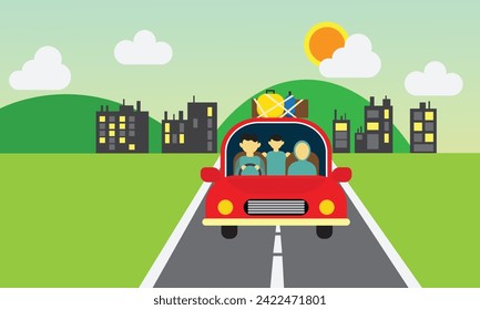 Family moslim returns home from the city by the car simple modern vector