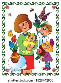 A family of mother and 3 children. Colored vector for card or gift. 